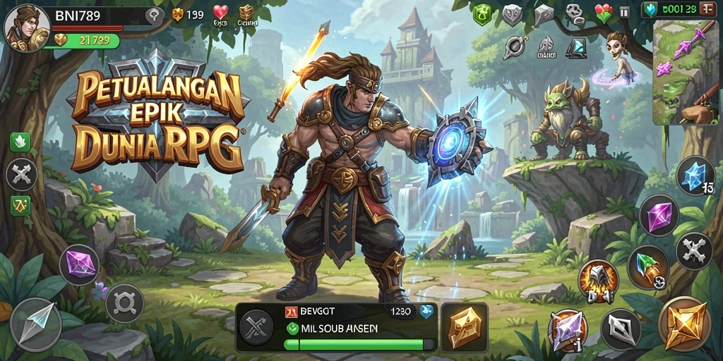 Screenshot gameplay BNI789 menunjukkan pertempuran epik antara karakter dan monster.