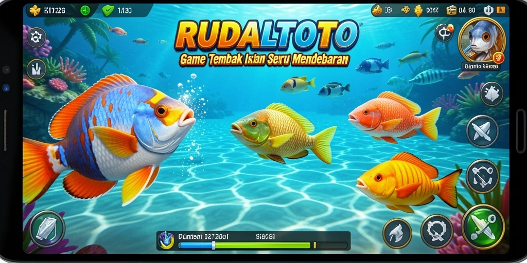 Screenshot gameplay RUDALTOTO yang menampilkan aksi menembak ikan.